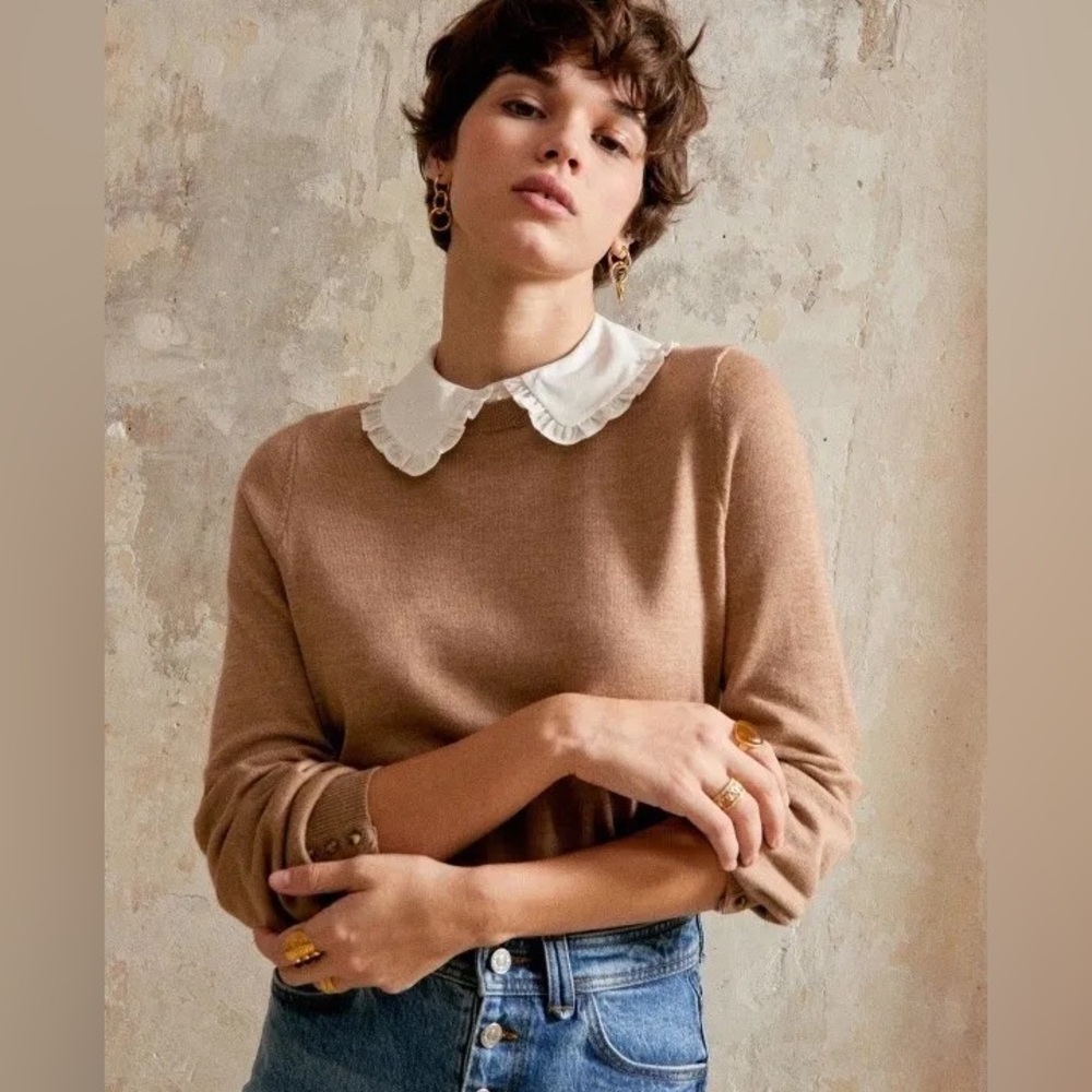 Sezane Andy Jumper Camel Brown Wool Sweater with detachable Peter Pan Collar